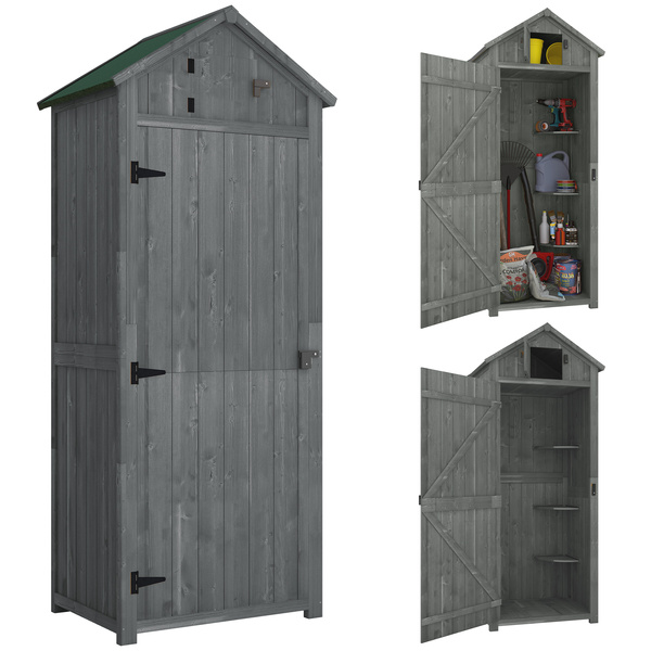 Outsunny Wooden Garden Shed, Utility Outdoor Small Shed with Lockable Double Doors, Shelves and Roof Hatch, Grey