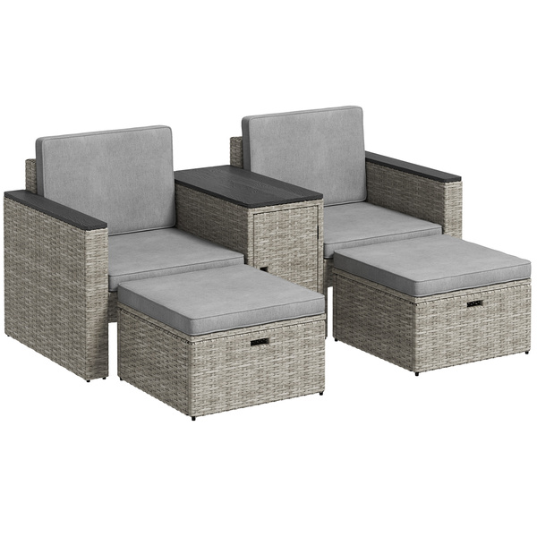 Outsunny 5 Piece Rattan Garden Furniture Set with Storage Table, Footstools, Cushions, Grey