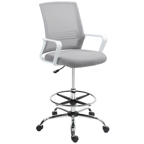 HOMCOM Draughtsman Chair, Mesh Drafting Chair, Ergonomic Office Chair with Lumbar Support, Adjustable Foot Ring, Grey