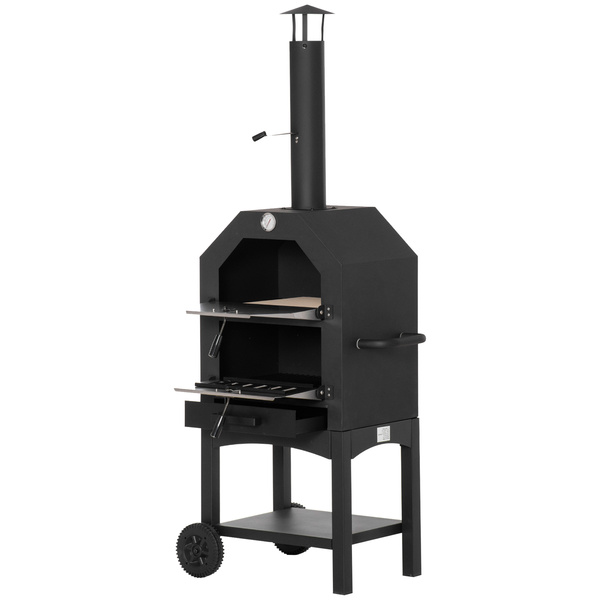 Outsunny Outdoor Garden Pizza Oven Charcoal BBQ Grill 3-Tier Freestanding w/ Chimney, Mesh Shelf, Thermometer Handles, Wheels Garden Party Gathering Stainless Steel Cooker