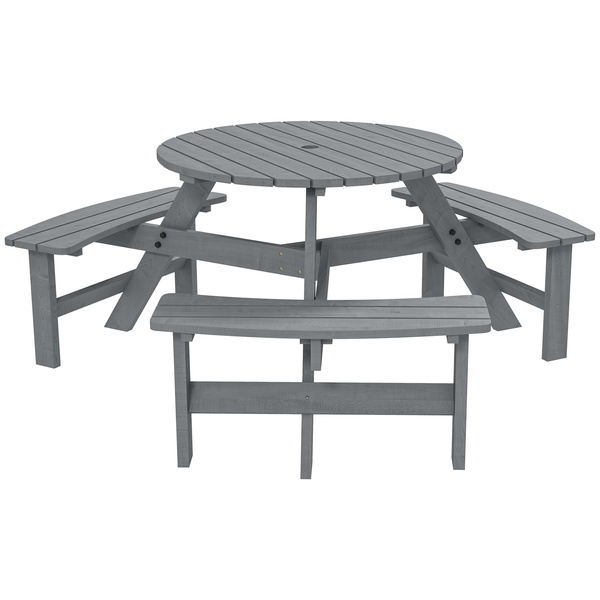 Outsunny 6 Seater Wooden Picnic Table and Garden Benches Set, Round Garden Dining Set with 3 Benches and Umbrella Hole Outdoor Garden Park, Grey