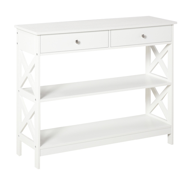 HOMCOM Console Table Side Desk w/ Shelves Drawers Open Top X Support Frame Living Room Hallway Home Office Furniture White