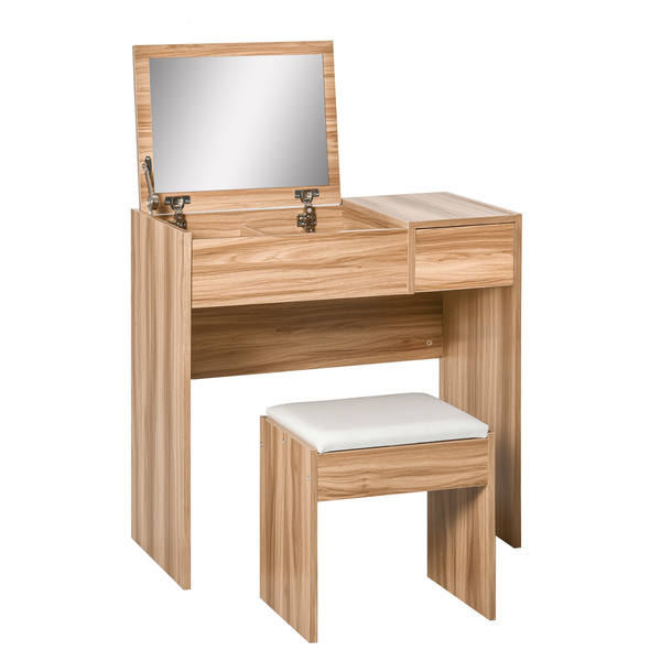HOMCOM Dressing Table with Flip-Up Mirror and Cushioned Stool, Makeup Vanity Desk with Hidden Compartments and Storage Drawer, Convertible Writing Table for Bedroom, Natural