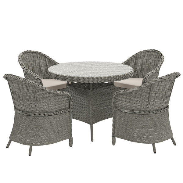 Outsunny 4 Seater Rattan Garden Furniture Set with Cushions, Round PE Rattan Dining Set with Glass-Top Table, Umbrella Hole, Outdoor Garden Table and Chairs, Grey