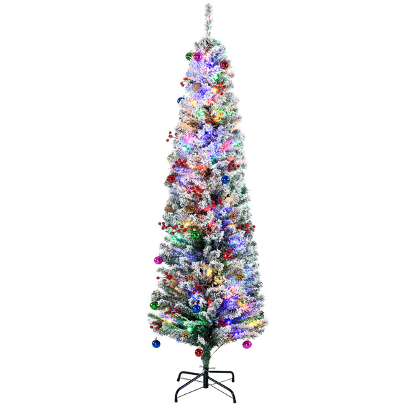 HOMCOM 6' Artificial Prelit Christmas Trees Holiday Décor with Colourful LED Lights, Flocked Tips, Berry, Pine Cone