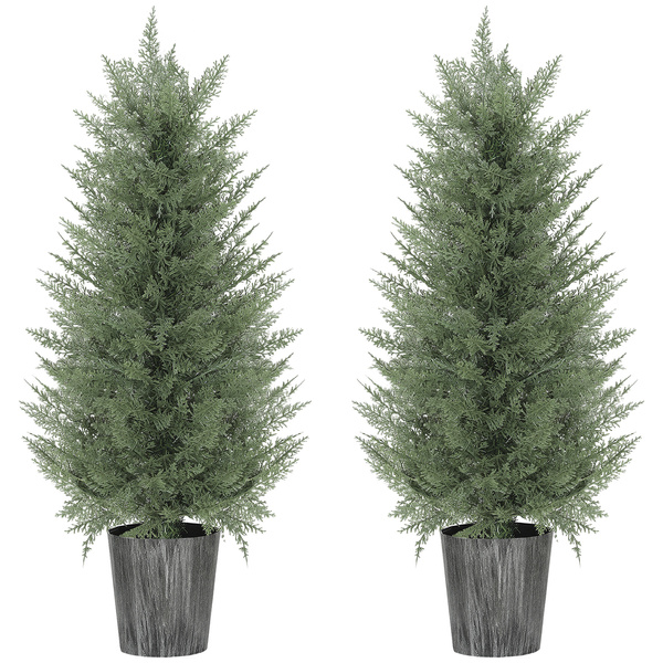 HOMCOM 90cm Artificial Cypress Trees Set of 2, UV Resistant Artificial Plants with Decorative Pot, Fake Plants for Indoor Outdoor Decor, Green