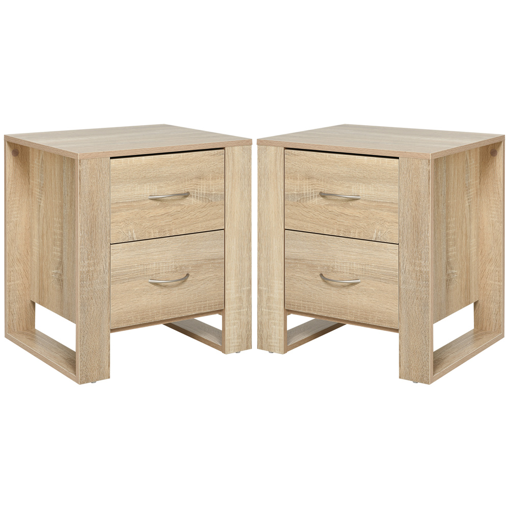 HOMCOM Bedside Table with 2 Drawers, Nightstand with Handles and Elevated Base, Side Table for Bedroom, Living Room, Set of 2, Brown