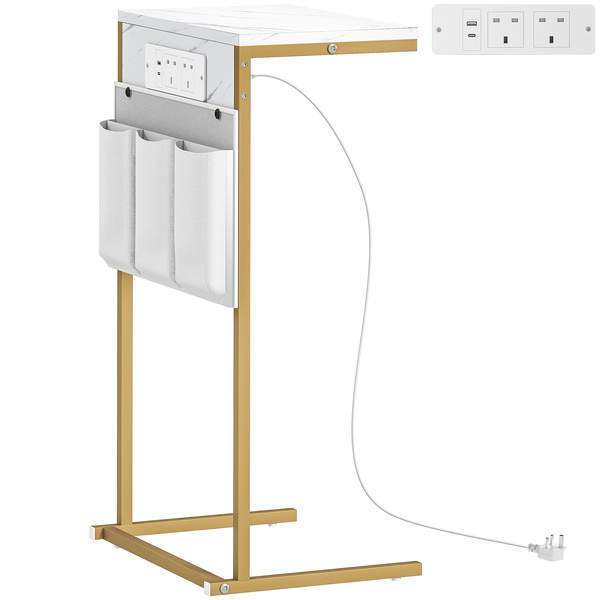 HOMCOM C-Shaped Bedside Table with Charging Station, Marble Grain Side Table with Power Outlets & USB Ports, Storage Bags, for Bedroom, Living Room, White