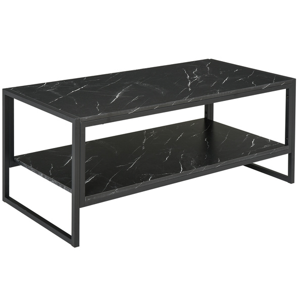 HOMCOM Coffee Table, Two-Tier Faux Marble Effect Centre Table with Metal Frame and Storage Shelf for Living Room, 106 x 50 x 45cm, Black