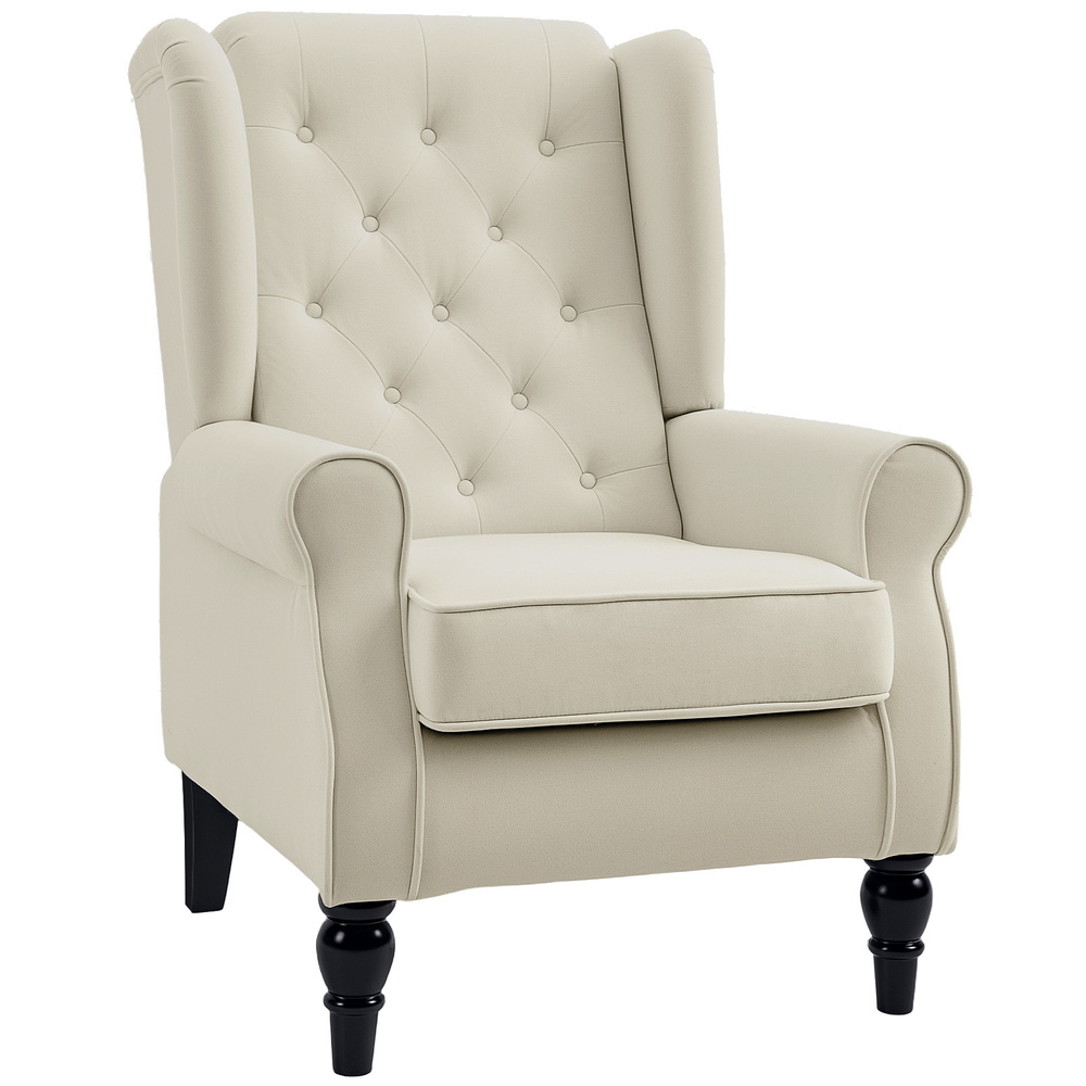 HOMCOM Wingback Accent Chair, Retro Upholstered Button Tufted Occasional Chair for Living Room and Bedroom, Cream White