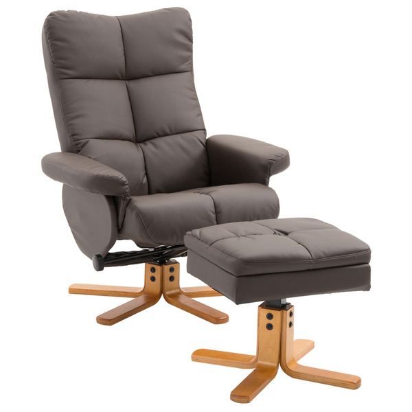 HOMCOM PU Leather Swivel Recliner Chair with Footstool, Wooden Base and Storage for Living Room, Brown