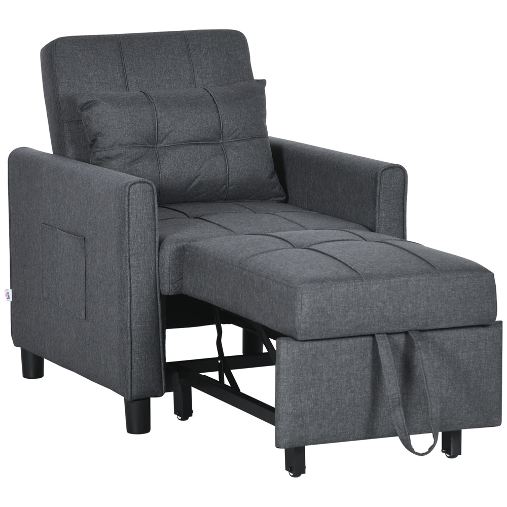 HOMCOM 3-In-1 Linen-Look Single Chair Bed with Adjustable Back & Eucalyptus Wood Sofa Frame - Grey