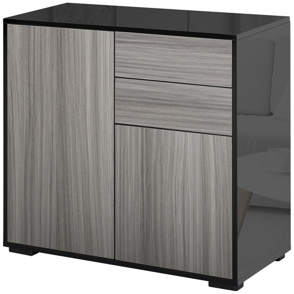 HOMCOM High Gloss Frame Sideboard, Push-Open Design with 2 Drawer for Living Room, Bedroom, 74H x 79W x 36Dcm, Light Grey and Black
