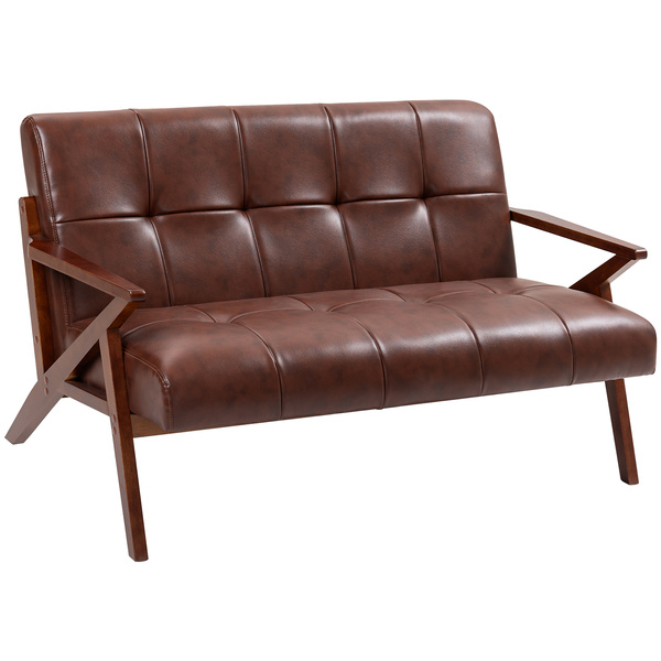 HOMCOM Compact 2 Seater Sofa, Vintage Tufted Loveseat Sofa with Solid Wood Legs, PU Leather Small Couch Settee for Living Room, Bedroom, Home Office, 133 x 81 x 78.5 cm, Brown