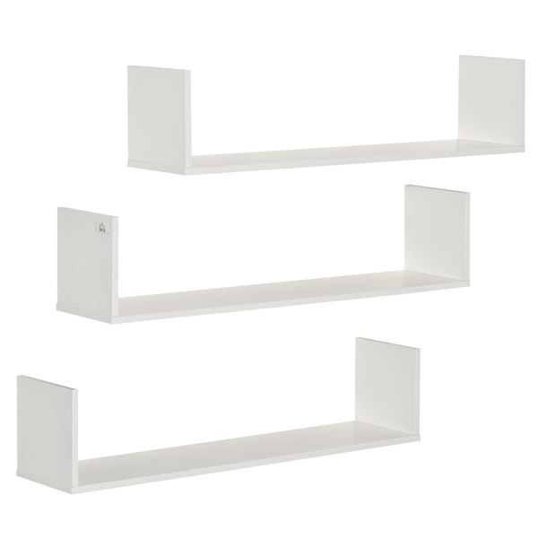 HOMCOM Set of 3 Wooden U-Shaped Floating Shelves Set, 80cm Wall Mounted Hanging Bookshelf, CD DVD Storage Display for Bedroom Living Room Kitchen, White