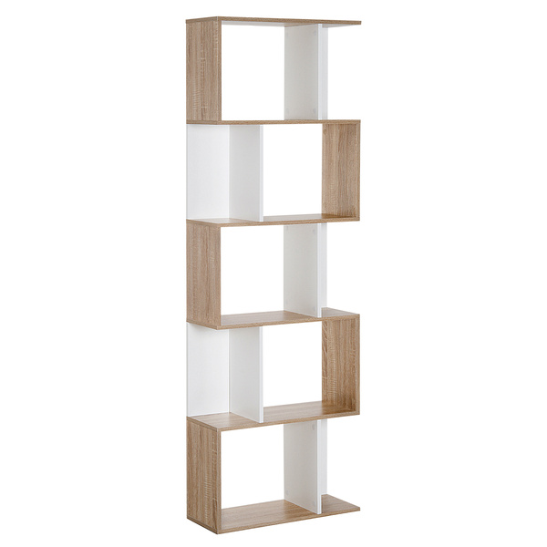 HOMCOM Bookcase, S-Shaped Wooden Bookshelf, 5/6 Tiers Freestanding Storage Shelf, Home Office Decorative Display Stand Rack, Oak and White, 24D x 60W x 184.5H