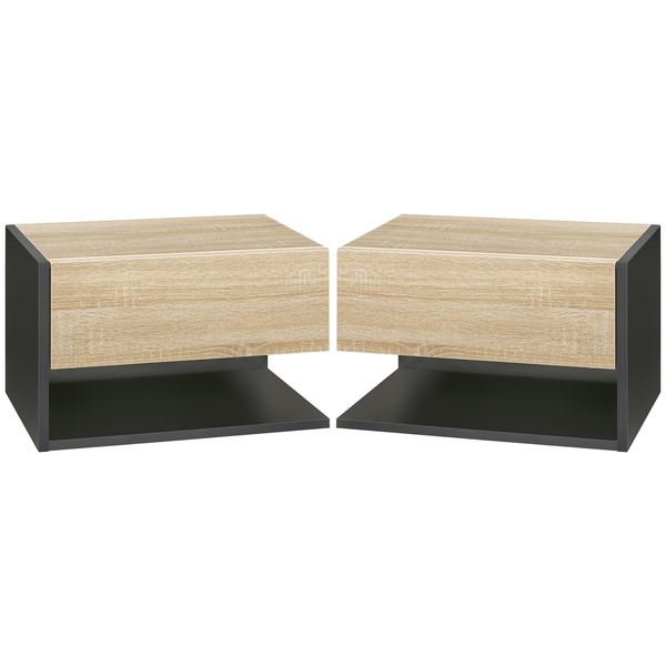 HOMCOM Floating Bedside Table Set of 2, Wall Mounted Bedside Cabinet with Drawer and Open Shelf, Modern Nightstand for Bedroom, 46 x 30 x 30 cm, Oak Tone