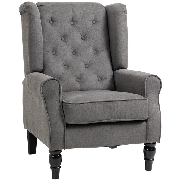 HOMCOM Retro Accent Chair, Snow Flannel Wingback Armchair with Wood Frame Button Tufted Design for Living Room Bedroom, Dark Grey