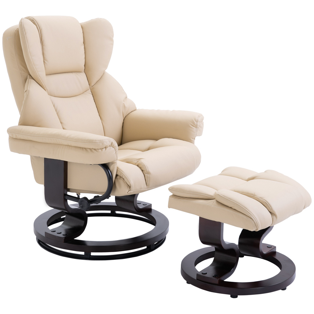 HOMCOM 360° Swivel Recliner Chair with Footstool, PU Leather Manual Recliner Armchair with Footstool, Solid Wood Base, Upholstered Reclining Chair for Living Room, Bedroom, Office, Cream