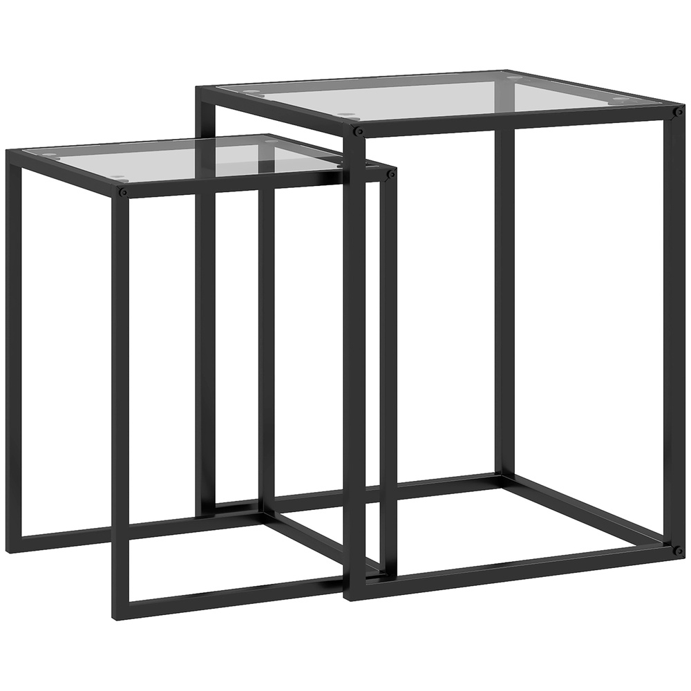 HOMCOM Nesting Tables Set of 2, Side End Table with Tempered Glass Top and Steel Frame for Living Room, Bedroom, Black