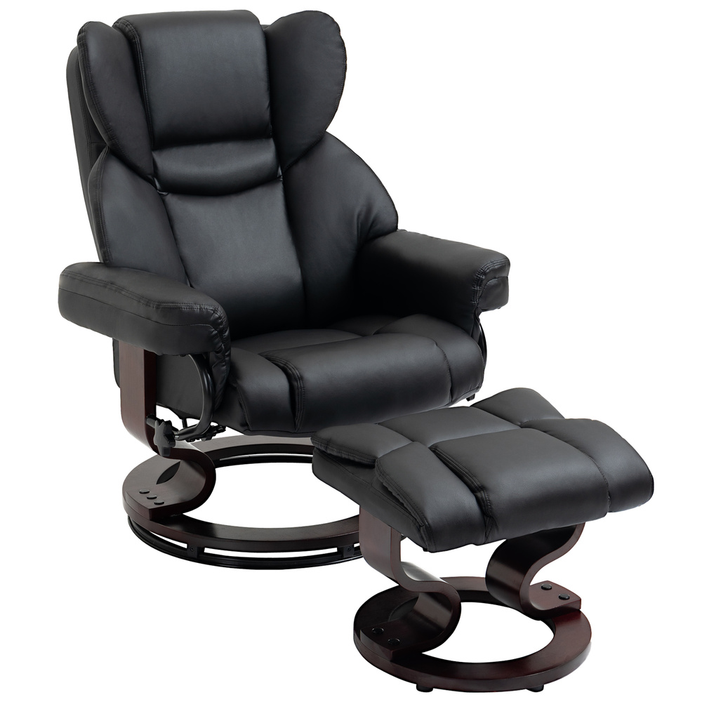 HOMCOM 360° Swivel Recliner Chair with Footstool, PU Leather Manual Recliner Armchair with Footstool, Solid Wood Base, Upholstered Reclining Chair for Living Room, Bedroom, Office, Black