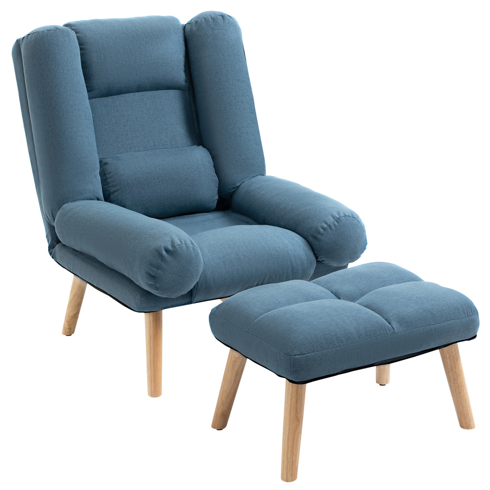 HOMCOM Armchair with Footstool & Ottoman, Accent Chair and Footstool with 3-Position Adjustable Backrest, Blue