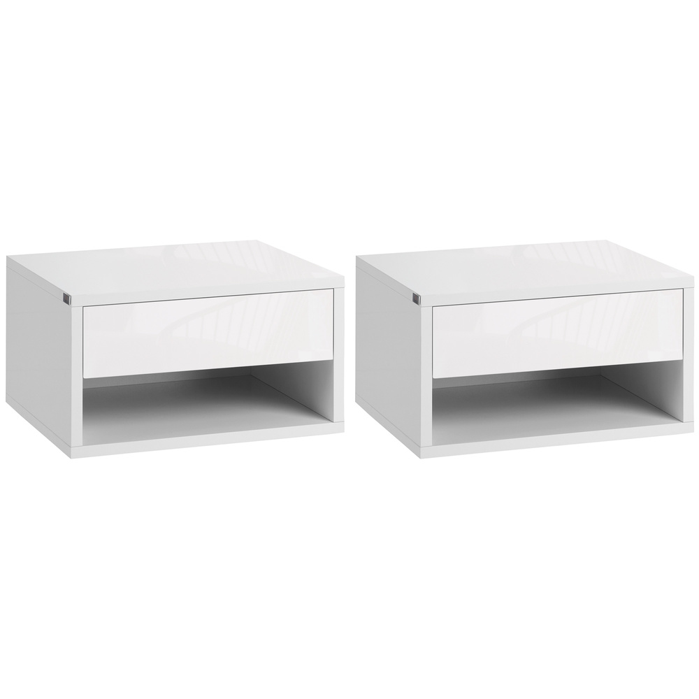 HOMCOM Set of Two Floating Bedside Tables - High Gloss White