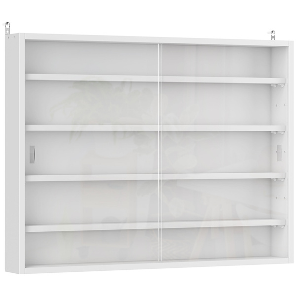 HOMCOM 5-Tier Wall Display Shelf Unit Cabinet w/ 4 Adjustable Shelves Glass Doors Home Office Ornaments 60x80cm White