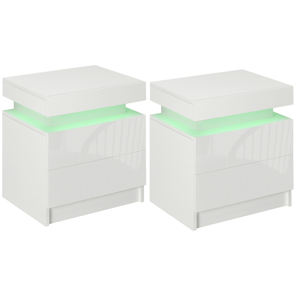HOMCOM Set of 2 White Bedside Tables with LED Lights, High Gloss Front Nightstands with 4 Drawers