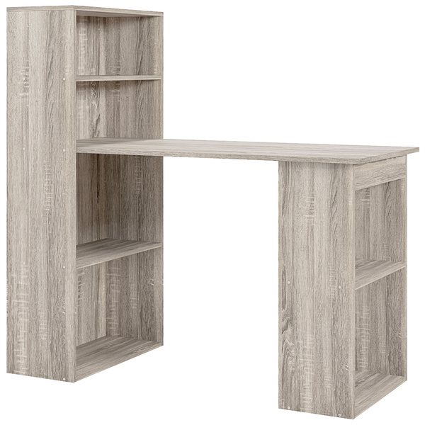 HOMCOM 120cm Computer Desk, Wooden PC Laptop Table with 6-Tier Storage Bookshelves, Home Office Working Study Desk, Writing Workstation, Grey