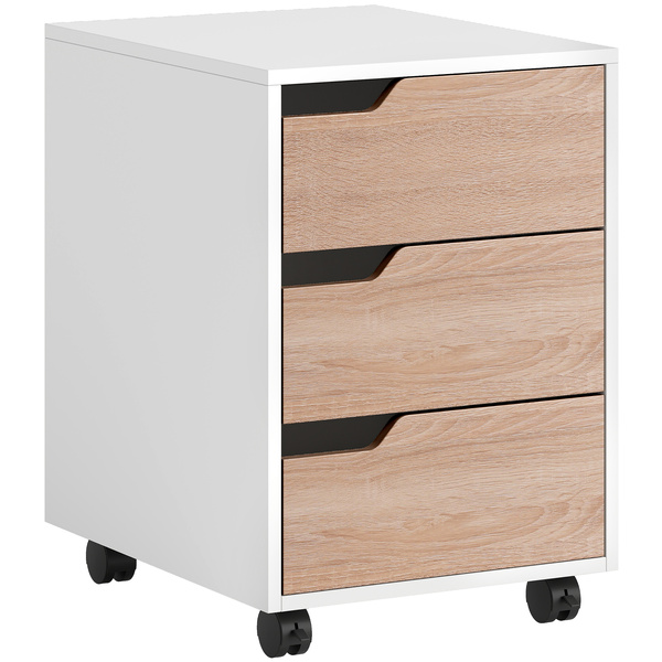 HOMCOM 3 Drawer Mobile File Cabinet, Vertical Filing Cabinet with Wheels for Home Office, Oak