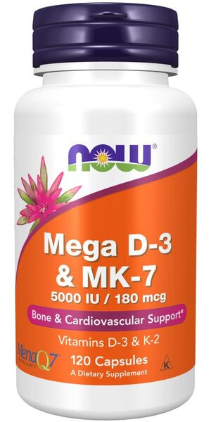 NOW Foods Mega D-3 and MK-7 For Healthy Bones and Cardiovascular System 120 Capsules
