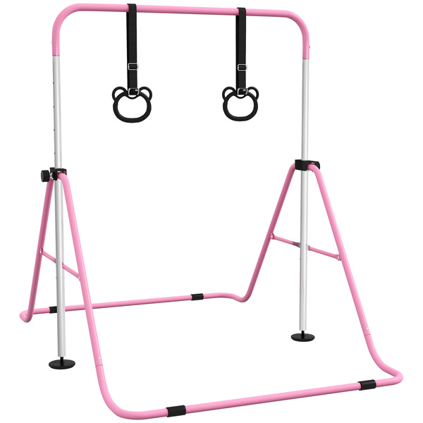 HOMCOM Adjustable Height, Foldable Kids Gymnastics Bar w/ Non-slip Rubber Floor Rings, for 3+ Years, Pink