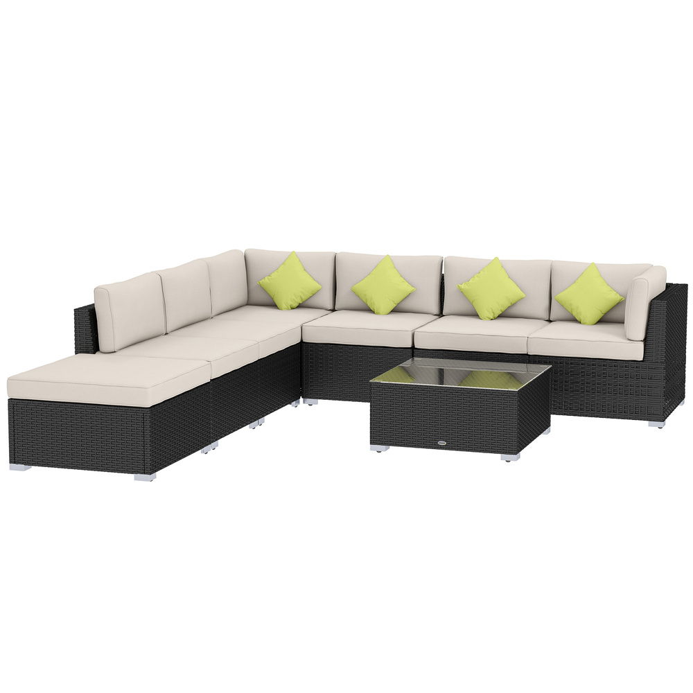 Outsunny 8 Piece Rattan Corner Sofa Set with Wide & Deep Seat, Assembled Aluminium PE Rattan Garden Furniture Set with Thick Cushions and Glass Top Table for Outdoor, Conservatory, Black