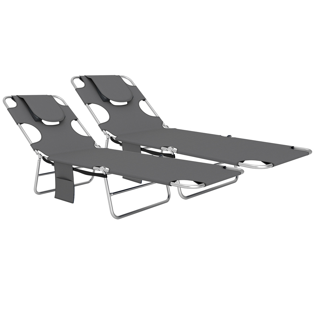 Outsunny Foldable Sun Lounger Set of 2, Beach Chaise Lounge with Reading Hole, Arm Slots, 5-Position Adjustable Backrest, Side Pocket, Pillow for Garden, Beach, Pool, Dark Grey