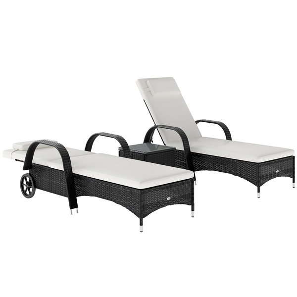 Outsunny 2 Seater Rattan Sun Lounger Set with Side Table Black