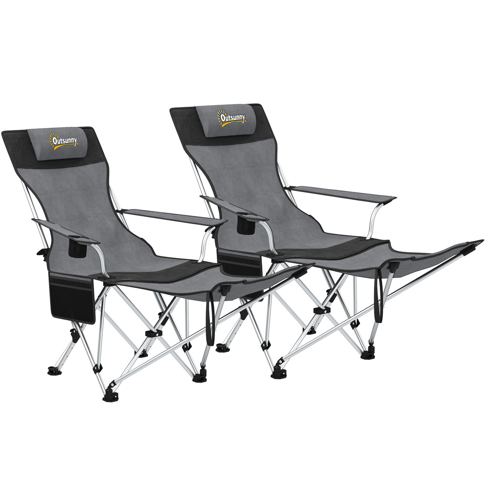Outsunny Set of 2 Reclining Folding Camping Chair w/ Detachable Footrest, Storage Bag, Cup Holder & Headrest, Lightweight Portable Camp Chair for Beach, Picnic, Grey and Black