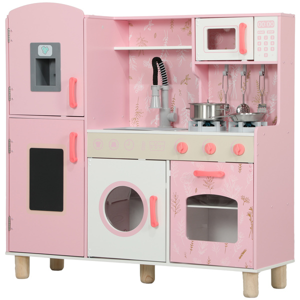 AIYAPLAY Play Kitchen, Kids Kitchen Set with Lights and Sounds, Double Stoves, Ice Maker, Chalkboard for 3+ Years, Pink