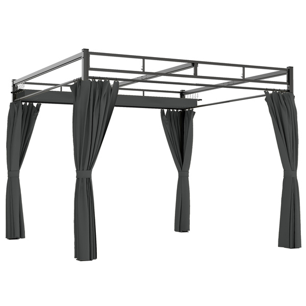 Outsunny 3 x 3 m Pergola with Retractable Roof Canopy and Curtains, UPF30+ Metal Frame Garden Pergola Gazebo Sun Shade, Dark Grey
