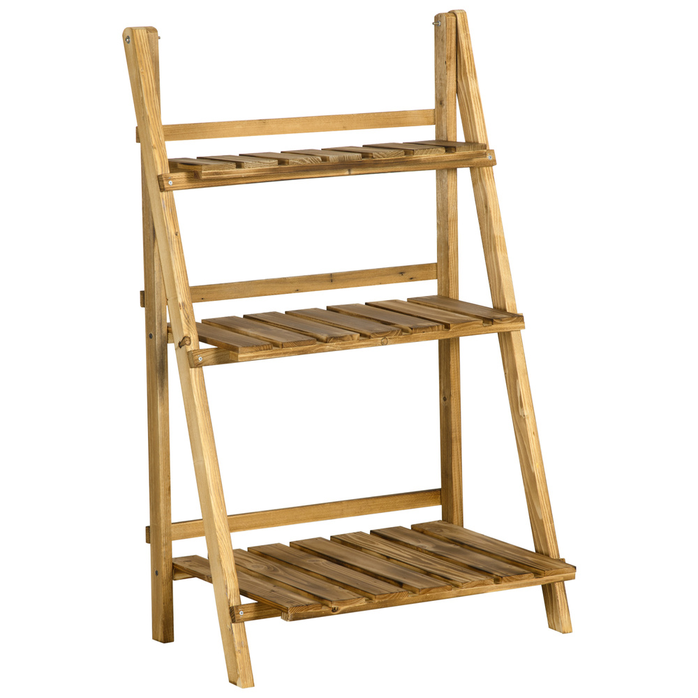 Outsunny Wooden Folding Flower Pot Stand 3 Tier Garden Planter Display Ladder Gardener Storage Shelves Rack Herb Holder (60L x 37W x 93H cm)