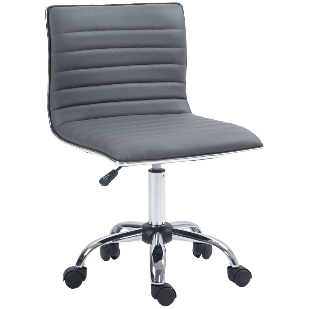 HOMCOM Armless Task Desk Chair, Swivel Office Chair with Faux Leather, Adjustable Seat Height, Chrome Base, Wheels for Home, Dark Grey