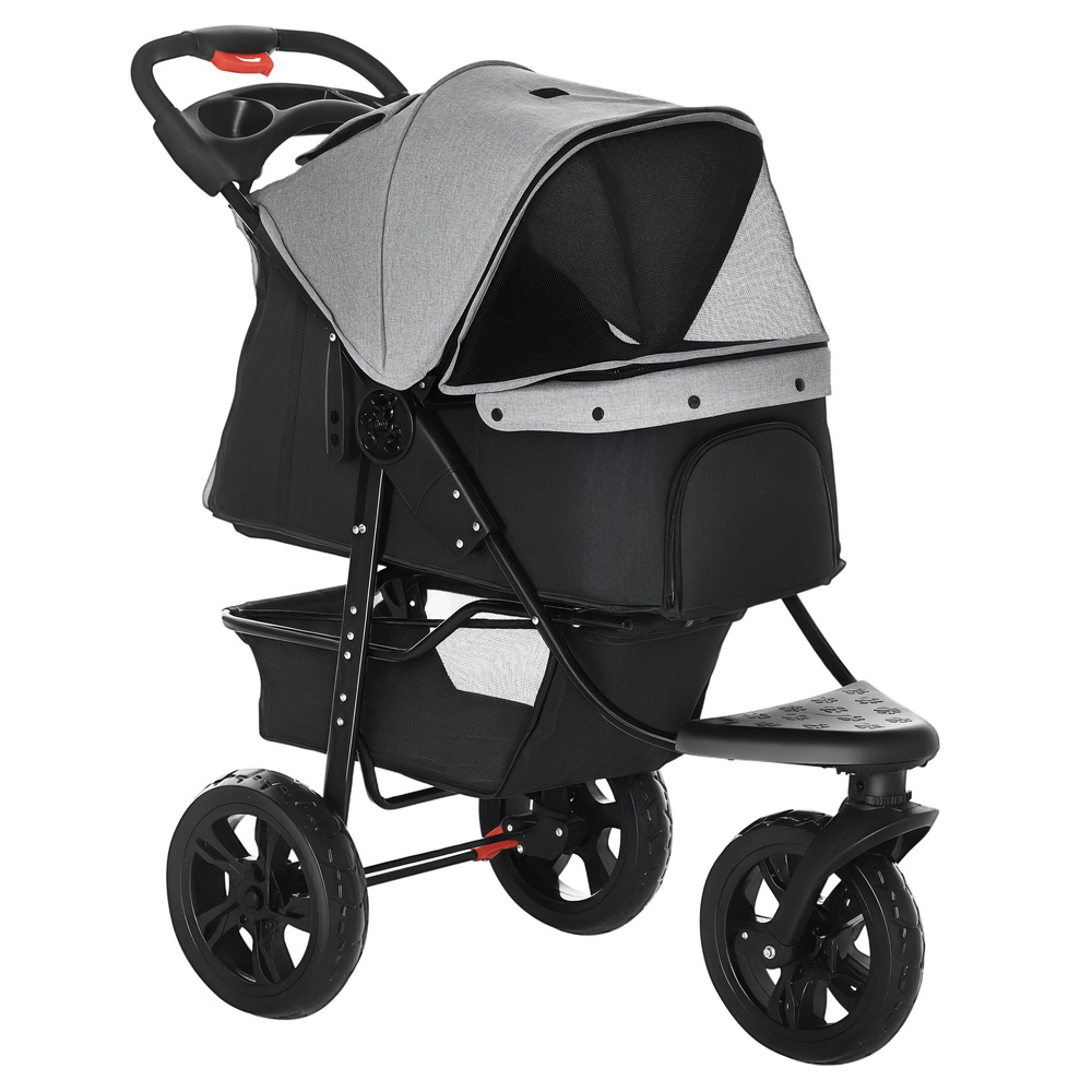 PawHut Dog Stroller Pram, 3-Wheel Foldable Pet Stroller with Invisible Sky Roof, for Small Dogs & Cats, Red