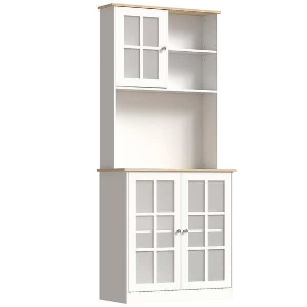 HOMCOM Freestanding Kitchen Cupboard, Storage Cabinet with Doors and Adjustable Shelves, Counter Top, Grid Glass Doors, 80L x 37W x 183H cm - White
