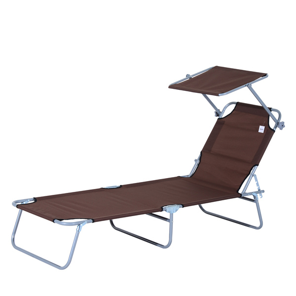 Outsunny Outdoor Foldable Sun Lounger, 4 Level Adjustable Backrest  Reclining Sun Lounger Chair with Angle Adjust Sun Shade Awning for Beach, Garden, Patio, Brown