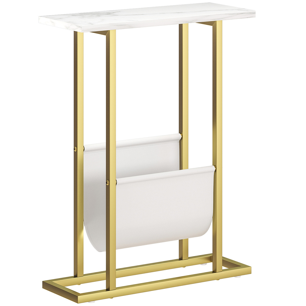 HOMCOM Narrow Side Table, End Table with Magazine Holder, Nightstand for Small Spaces, Living Room, Bedroom, White Marble Grain