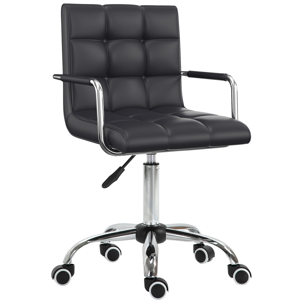 Vinsetto Makeup Vanity Chair, PU Leather Mid Back Office Chair with Adjustable Height, Armrest and Rolling Wheels, Black