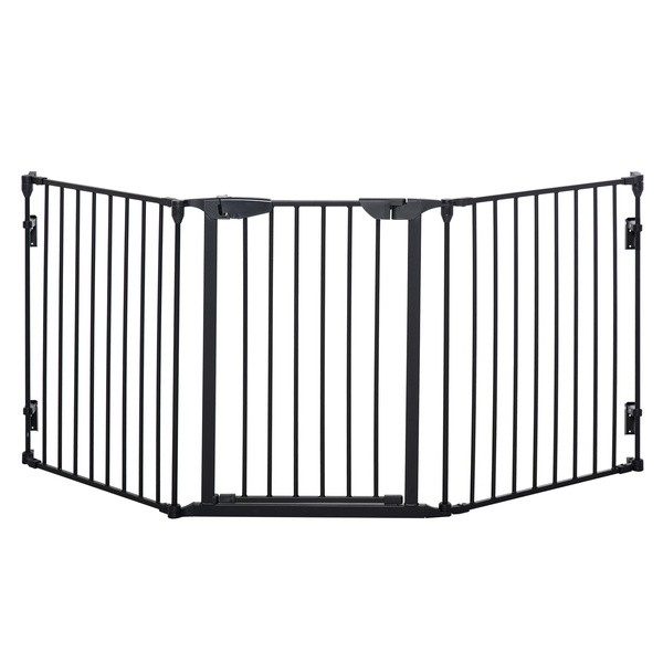 PawHut Pet Safety Gate, 3 Panels Playpen Fireplace, Foldable Metal Fence, Stair Barrier, Room Divider, Fire Guard w/ Automatic Closing Door, Black
