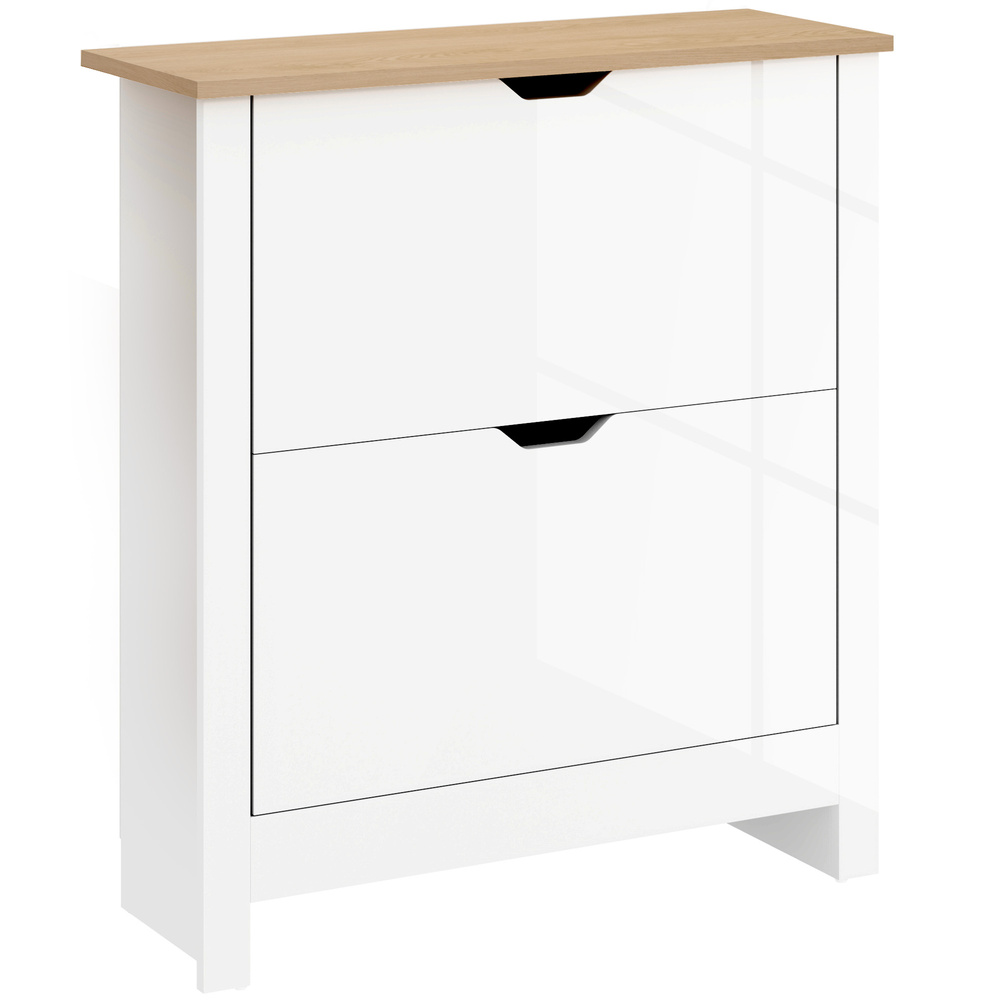 HOMCOM Slim Shoe Cabinet, Narrow Shoe Cupboard with 2 Flip Drawers, Adjustable Shelves for 12 Pairs of Shoes, High Gloss White