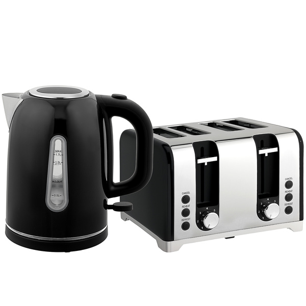 HOMCOM Kettle and Toaster Set, 1.7L 3000W Rapid Boil Jug Kettle with Otter Thermostat, Limescale Filter, 4 Slice Toaster with 7 Browning Controls, Crumb Tray, LED Strip, Black