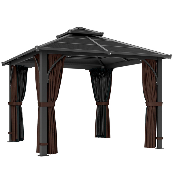 Outsunny 3 x 3(m) Hardtop Gazebo Canopy with 7mm Polycarbonate Double-Tier Roof, Garden Gazebo Permanent Pavilion with Mosquito Netting and Curtains for Patio, Deck, Brown